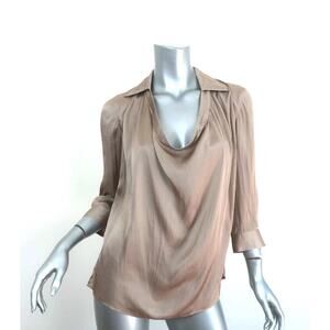 Vince Womens 6 Champagne Satin Cowl Neck Blouse Long Sleeve Draped Tunic Top